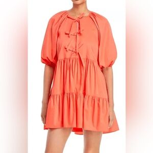 NWT Cinq A Sept 2 Lynn Poplin Puff Sleeve Mini Dress Neon Coral Bubble‎